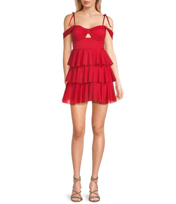 ハニーアンドロージー レディース トップス ワンピース ドレープ フリル メッシュ スカート Honey and Rosie Sweetheart Off Shoulder Mesh Drape Ruffle Skirt Dress Red レッド