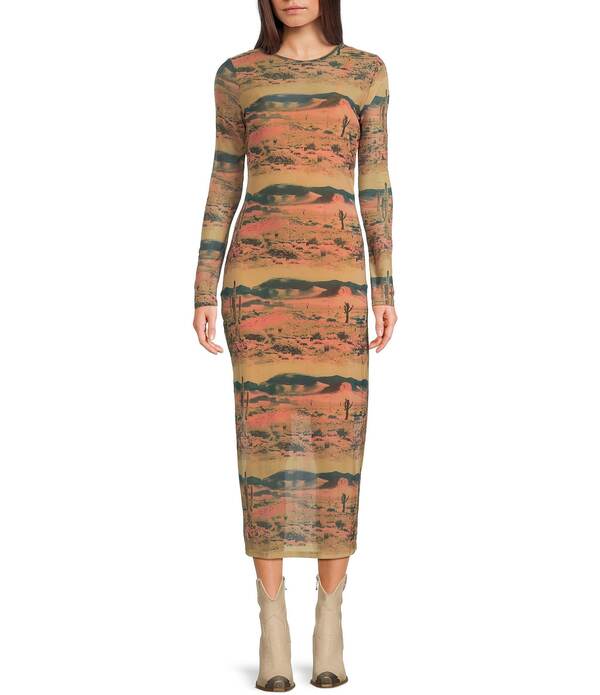 ラングラー レディース トップス 衣装 刷り上げる メッシュ midi 旗がしら ケープ WranglerRetroR Desert Landscape Printed Long Sleeve Mesh Midi Dress Mustard 洋芥子