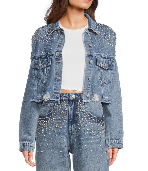 シグネチャーエイト レディース アウター 上衣・上衣 クロップド ジーンズ Signature 8 Rhinestone Beaded Cropped Long Sleeve Distressedenim Jacket Blue 青み