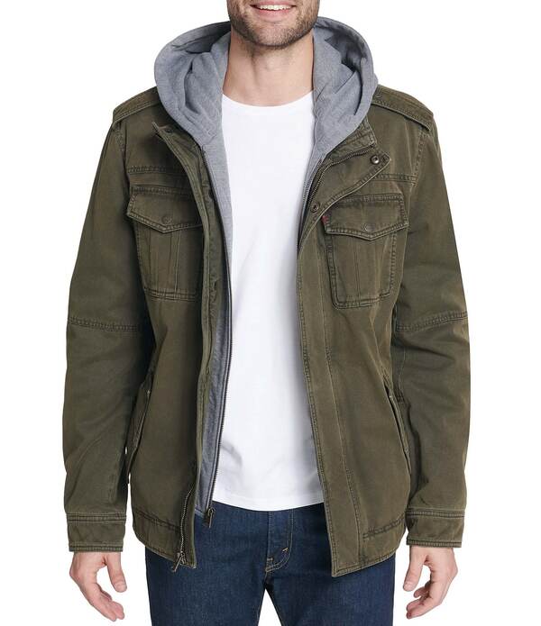 リーバイス メンズ アウター ジャケット・ブルゾン LeviR Twill Hooded Military Trucker Jacket Olive オリーブ
