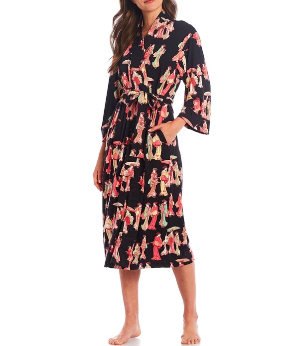 ナトリ レディース アンダー御召しもの ナイト爵御召しもの 刷り上げる 編み物 Natori Geisha Printed Cozy Knit Long Sleeve Tie Waist Mid Wrap Robe Black Multi 黒いこと