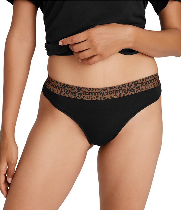トミージョン レディース アンダー御召しもの ズボン下 刷り上げる Tommy John Second Skin Solid With Leopard Printhong Black/Leopard 黒いこと