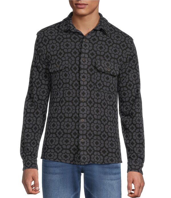 ラウン メンズ トップス プルオーバー 刷り上げる 厚地の外套 Rowm Long Sleeve Jacquard Geo Print Coatfront Shirt Black 黒いこと