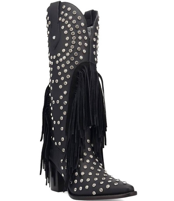 ディンゴ レディース シューズ ブーツ・レインブーツ トール レザー フリンジ Dingo Show Pony Leather Fringe and Rhinestone Studded Tall Western Boots Black ブラック
