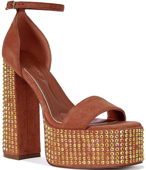 アザレア ワン レディース シューズ サンダル プラットフォーム トール ヒール Azalea Wang Wilma Metallic Rhinestonembellished Block Heel Platform Dressandals Orange オレンジ