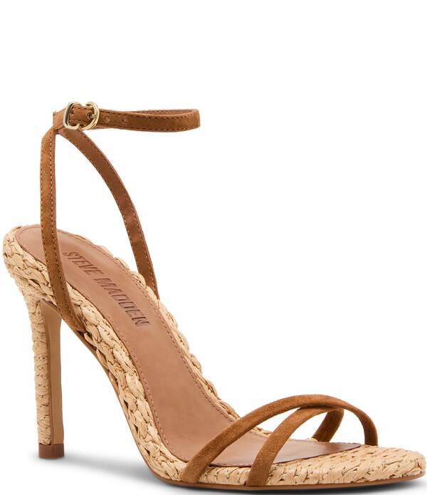 スティーブ マデン レディース シューズ 踵 サンダル スエードクロス Steve Madden Jypsey Suede Raffia Strappy Dressandals Chestnut