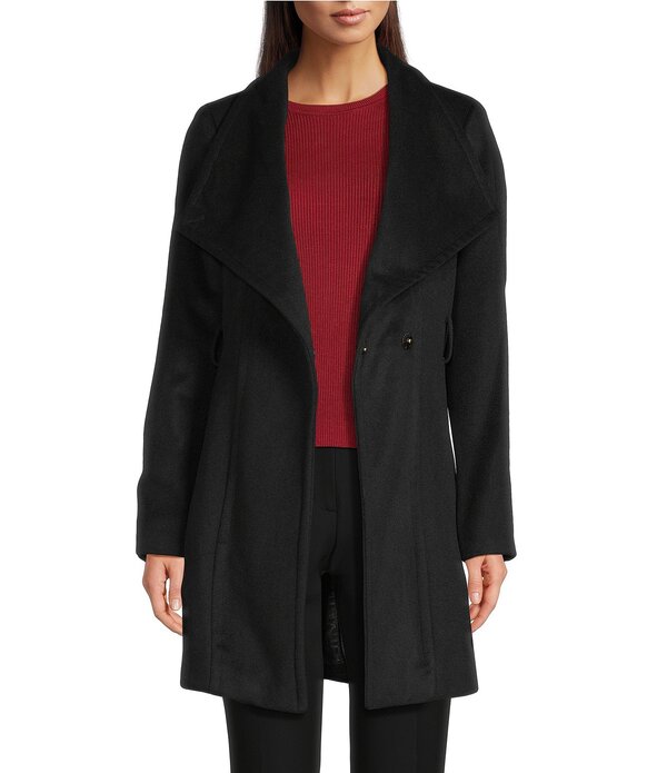 ダナキャラン レディース アウター ジャケット・ブルゾン アシンメトリー ウール コート Donna Karan Wool Blend Asymmetrical Wing Collar Belted Wrap Coat Black ブラック