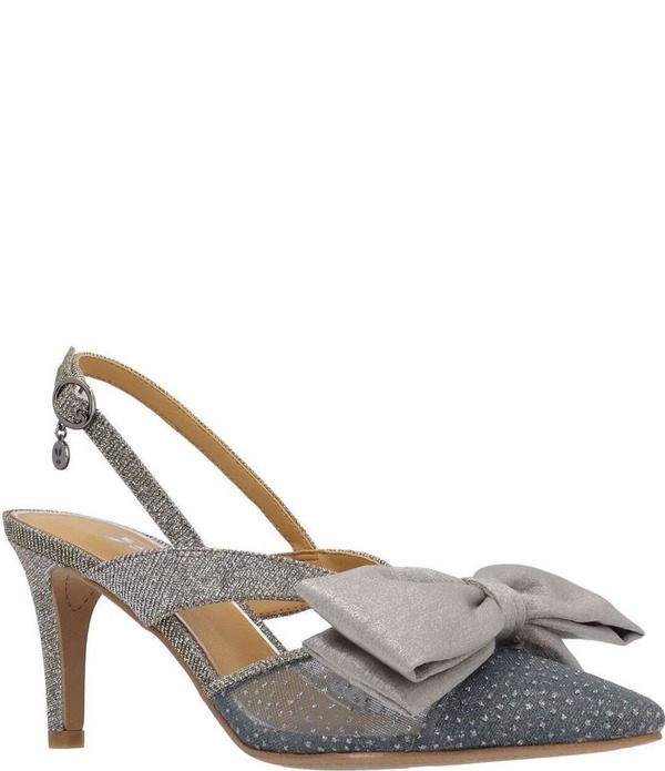 ジェイレニー レディース シューズ 踵 メッシュ J. Renee Morigen Glitter Dotted Mesh Bow Slingback Pumps Pewter ピューター