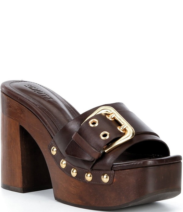 シュッツ レディース シューズ サンダル プラットフォーム レザー ヒール Schutz Irie Platform Leather Buckle Strap Studded Wood Block Heel Platform Slide Sandals Chestnut Brown ブラウン