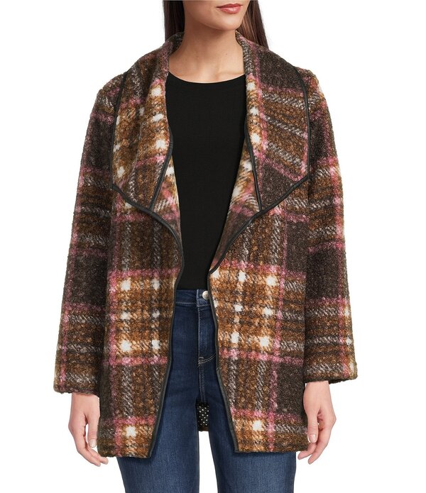 アリ マイルス レディース アウター コート プリント ジャケット Ali Miles Plaid Printed Boucle Shawl Collar Long Sleeve Open Front Jacket Plaid Multi マルチカラー