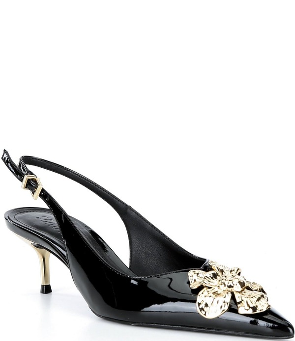 シュッツ レディース シューズ 踵 御花柄 なめし革 御花 Schutz Flora Patent Leather Floral Ornamented Slingback Pumps Black 黒いこと