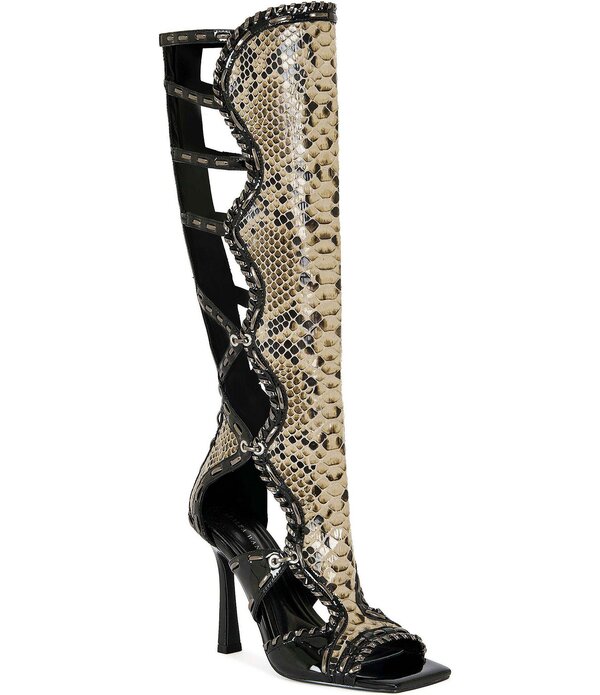 アザレア 一 レディース シューズ 踵 刷り上げる サンダル Azalea Wang Indrani High Snake Print Gladiator Sandals Black 黒いこと