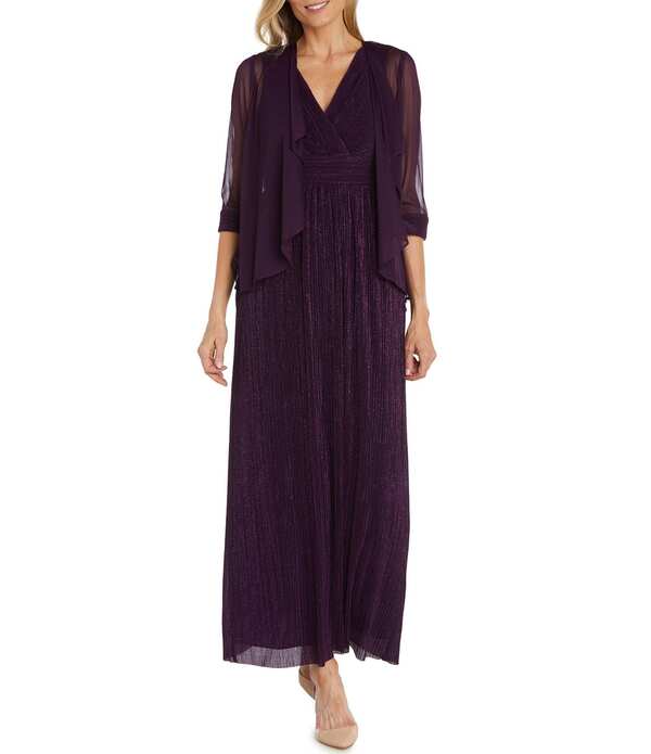 アールアンドエムリチャーズ レディース トップス ワンピース Vネック プリーツ ジャケット R & M Richards Flyaway Glitter Pleated 3/4 Sleeve V-Neck 2-Piece Jacket Dress Plum プラム