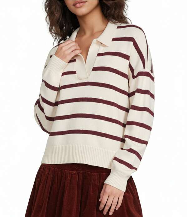 エーラブズエー レディース アウター ニット・セーター プリント A Loves A Striped Print Long Sleeve Point Collar Knit Sweater Wine/Ivory アイボリー