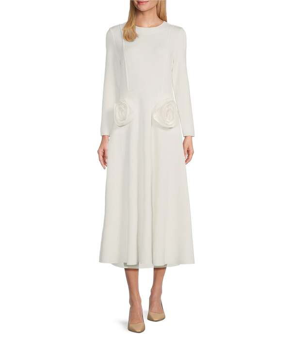 アイシーコレクション レディース トップス ワンピース フラワー柄 ミディ ニット フラワー ICollection Knit Floral Patch Appliques Round Neck Long Sleeve Fit & Flare Midi Dress White ホワイト