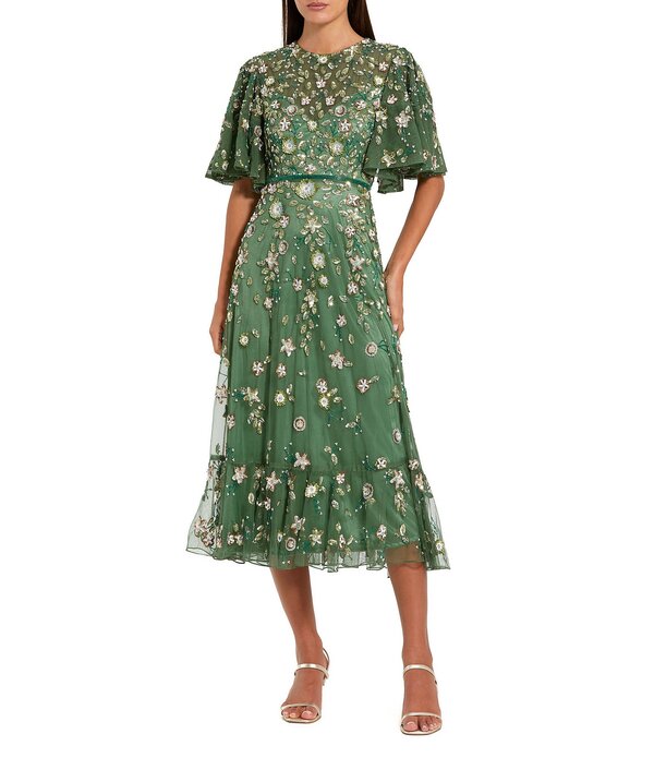 マックダガル レディース トップス ワンピース フラワー柄 メッシュ ミディ フラワー Mac Duggal Floral Beaded Mesh Flutter Sleeve Midi Dressage セージ|ReVida 店