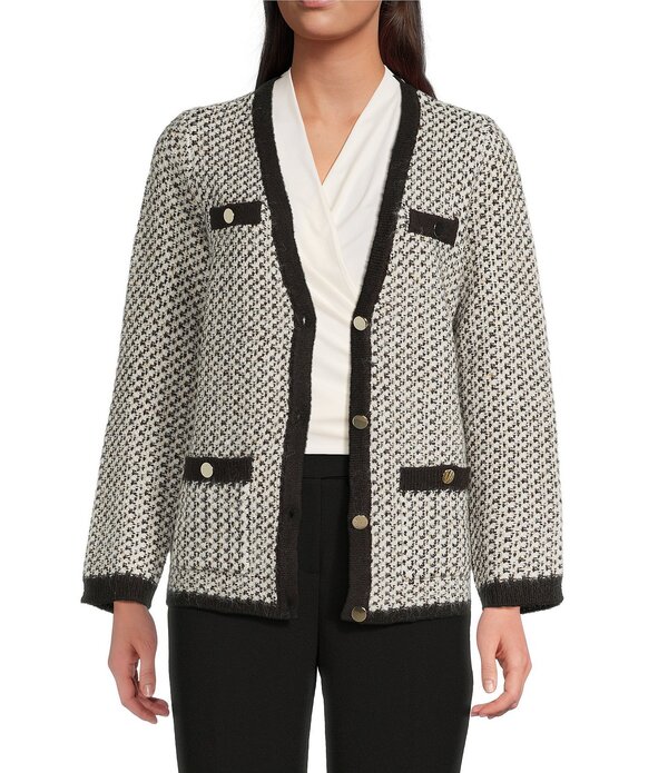 アンクライン レディース アウター コート Vネック カーディガン Anne Klein Boucle V-Neck Button Front Cardigan White Dove Multi ホワイト