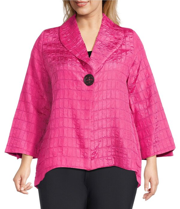 アイシーコレクション レディース アウター ジャケット・ブルゾン プラスサイズ ICollection Plus Crinkle Jacquard Shawl Collar Long Sleeve Jacket Fuchsia フューシャ｜ReVida 店