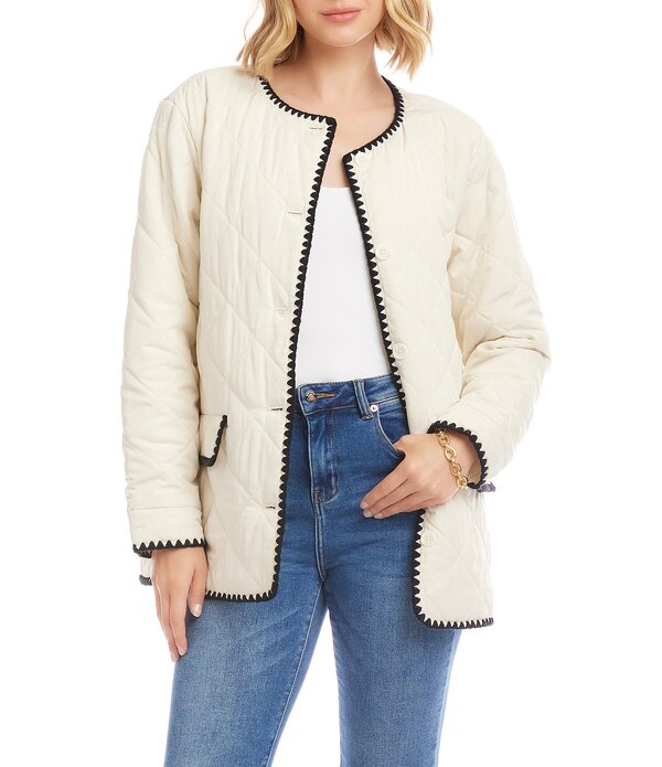 カレンケーン レディース アウター コート クルーネック キルティング コントラスト ジャケット Karen Kane Contrast Edge Stitch Quilted Crew Neck Button Front Jacket Cream/Black クリーム