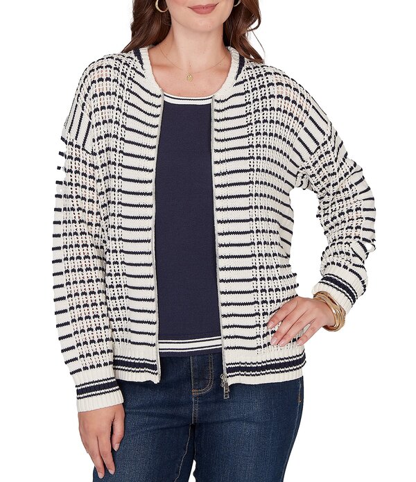 ルビーアールディー レディース アウター ニット・セーター プチ リブ メッシュ Ruby Rd. Petite Size Striped Ribbed Long Sleeve Mesh Zip-Up Sweater Ivory アイボリー