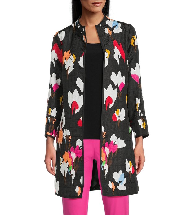 アイシーコレクション レディース アウター 厚地の外套 お花柄 刷り上げる お花 上衣 ICollection Floral Print High Scoop Neck Long Sleeve Jacket Red 赤いこと コート・ジャケット-レディースファッション
