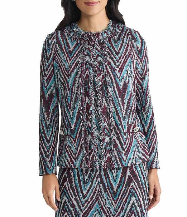 ミンウォン レディース アウター コート ニット フリンジャケット Ming Wang Lurex Fringe Trim Jacquard Knit Round Neck Long Sleeve Jacket Midnight Violet Multi バイオレット