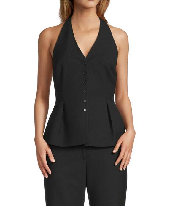 アントニオ メラーニ レディース アウター ベスト ノースリーブ ホルター Antonio Melani Danielle Stretch Button Front Sleeveless Halter V-Neckline Peplum Vest Black ブラック