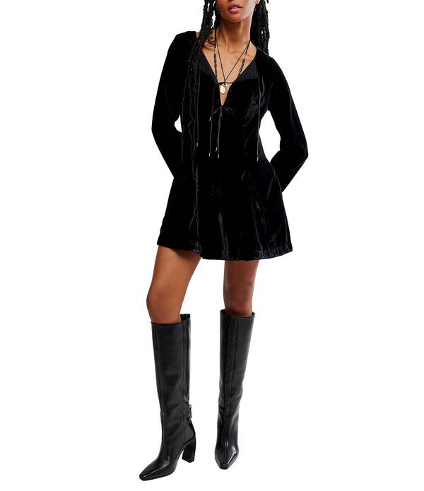 フリーピープル レディース トップス 衣装 V素っ首 ミニ 天鵞絨 Free People Linney V-Neck Tie Front Long Sleevelvet Mini Dress Black 黒いこと