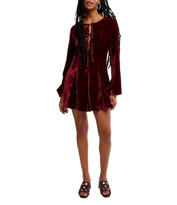 フリーピープル レディース トップス 衣装 V素っ首 ミニ 天鵞絨 Free People Linney V-Neck Tie Front Long Sleevelvet Mini Dress Cabernet