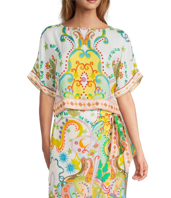 アントニオ メラーニ レディース トップス シャツ プリント ブラウス リネン Antonio Melani Liesl Printed Linen Boat Neckline Short Sleeve Blouse Multi マルチカラー｜ReVida 店