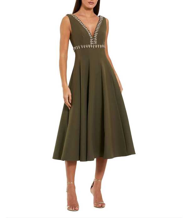 マックダガル レディース トップス ワンピース Vネックレープ A ライン ミディ Mac Duggal Crepe V Neck A Line Midi Dress With Rhinestones Olive オリーブ|ReVida 店