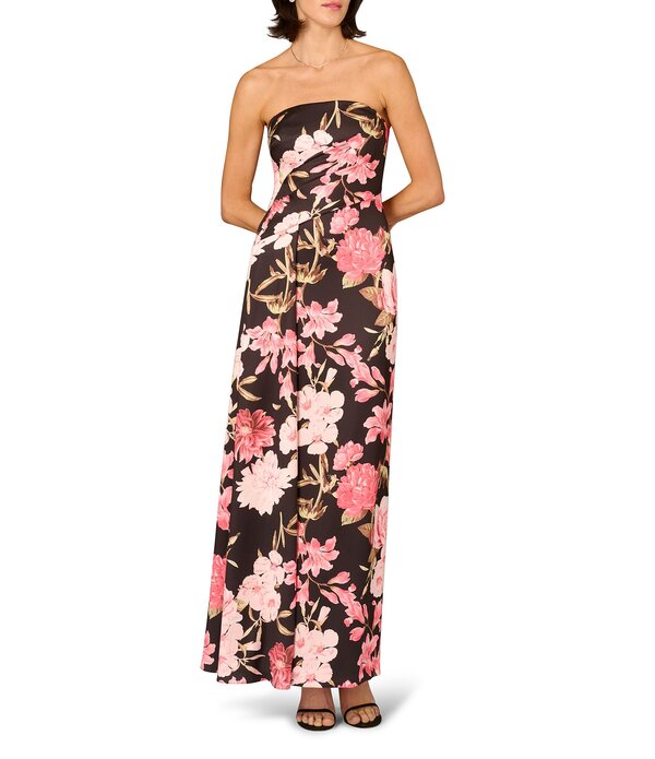 アイダンマットックス レディース トップス ワンピース クレープ フラワー柄 プリント サテン フラワー Aidan Mattox Floral Print Crepe Back Satin Long Sheath Dress Black/Pink Multi ブラック|ReVida 店