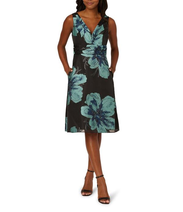 アドリアナ パペル レディース トップス ワンピース Vネック A ライン フラワー柄 ノースリーブ フラワー Adrianna Papell Floral Jacquard V-Neck Sleeveless A-Line Dress Black Multi ブラック
