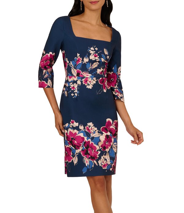 アドリアナ パペル レディース トップス ワンピース フラワー柄 ミディ フラワー Adrianna Papell Twill Border Floral Square Neck 3/4 Sleeve Sheath Midi Dress Navy Pink Multi ネイビー｜ReVida 店