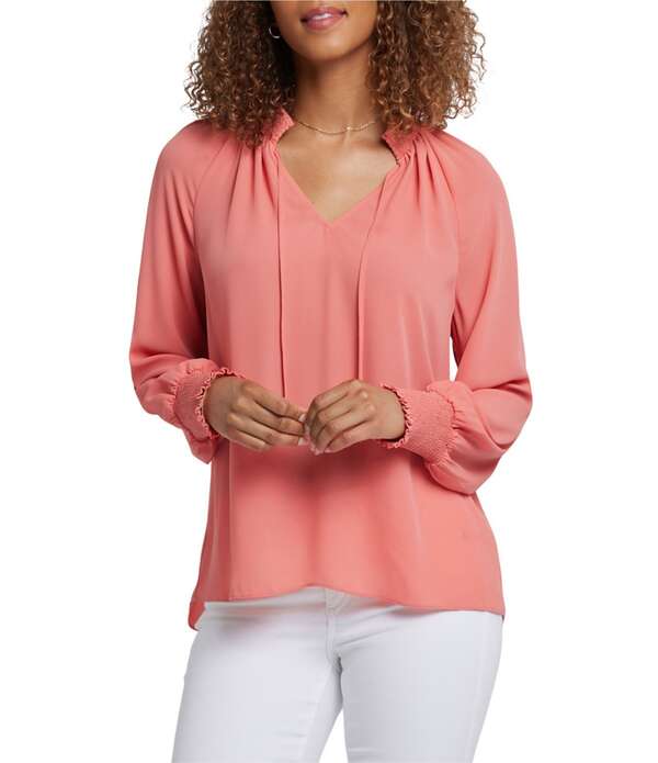 エヌワイディージェイ レディース トップス シャツ Vネック シャーリング ブラウス NYDJ Gemma Split V-Neck Smocked Long Sleeve Curved Hem Blouse Coral Haze コーラル