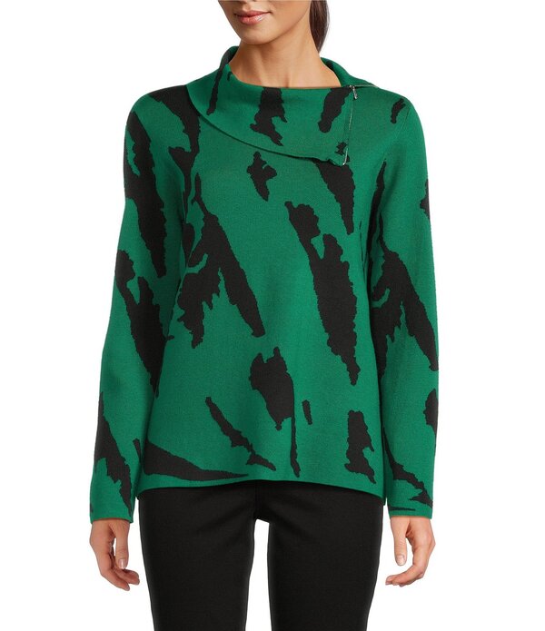 アリ マイルス レディース アウター ニット・セーター Ali Miles Jacquard Knit Abstract Stripe Split Cowl Zipper Neck Long Sleeve Pop-Over Sweater Emerald エメラルド