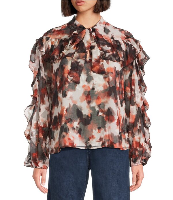 メロデイ レディース トップス シャツ フリル ブラウス MELLODAY Ruffle Woven Jacquard Tie Neck Long Sleeve Blouse Wine Ivory Multi アイボリー