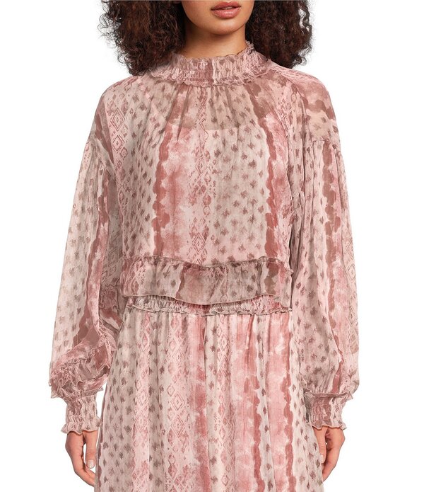 メロデイ レディース トップス シャツ フリル裾 モックネック シフォン プリント フリル ブラウス MELLODAY Coordinating Printed Chiffon Mock Neck Long Sleeve Ruffle Hem Blouse Wine Multi ワイン