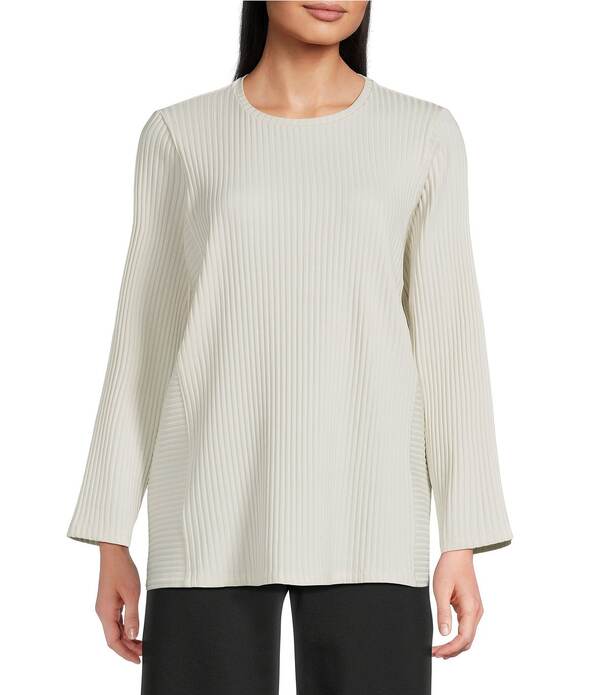 エイリーンフィッシャー レディース トップス カットソー リブニット Eileen Fisher Textured Stretch Rib Knit Round Neck Long Sleeve Tunic Bone