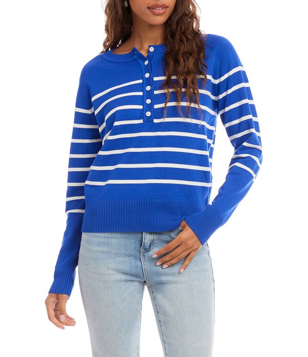 カレンケーン レディース アウター ニット・セーター Karen Kane Knit Stripe Long Sleeve Henley Top Sapphire/Off White オフホワイト｜ReVida 店