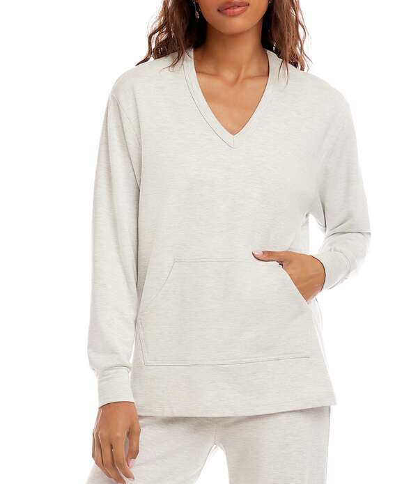カレンケーン レディース アウター ニット・セーター Vネック プチ パイル スウェット シャツ Karen Kane Petite Size French Terry Knit V-Neck Long Sleeve Kangaroo Pocket Coordinating Sweatshirt Heather ヘザー