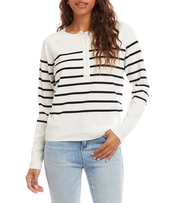 カレンケーン レディース アウター ニット・セーター ヘンリーネック プチ Karen Kane Petite Size Stripe Henley Neck Long Sleeve Sweater Knitop Off White/Black オフホワイト
