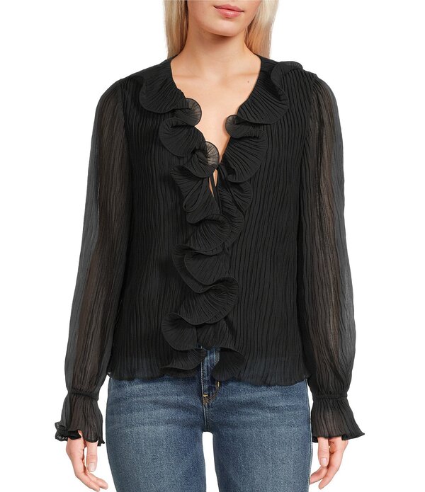 ゲス レディース トップス シャツ シアー ブラウス Guess Faye Long Sheer Sleeve Tie Front Crinkled Blouse Jet Black ブラック|ReVida 店