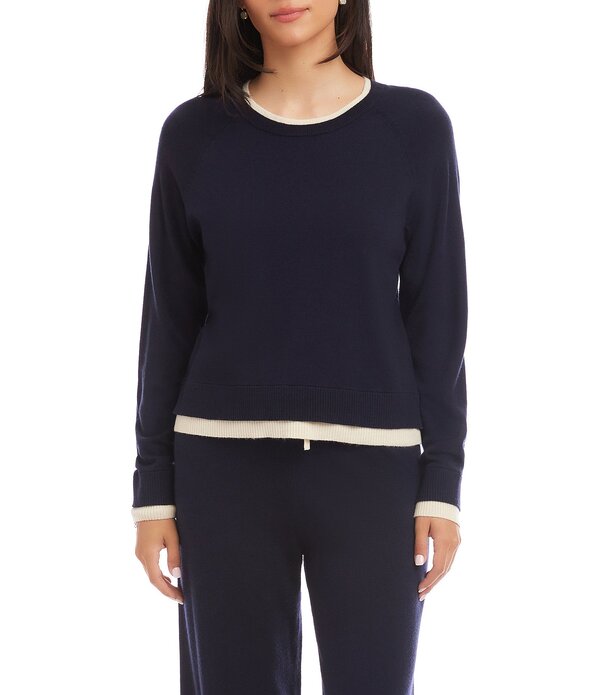 カレンケーン レディース アウター ニット・セーター クルーネック コントラスト Karen Kane Contrastrim Coordinating Crew Neck Raglan Long Sleeve Knitop Navy/Cream クリーム