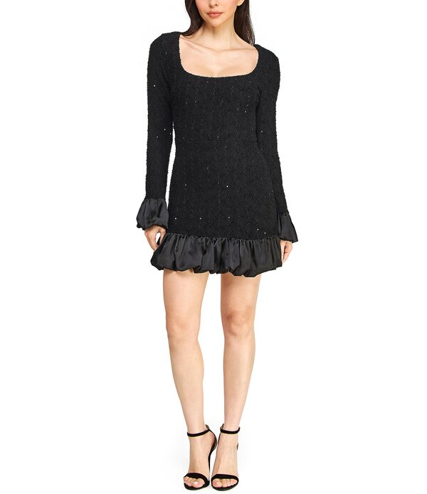 ビーダーリン レディース トップス ワンピース フリル サテン スパンコール B. Darlin Boucle Sequined Square Neck Long Sleeve Satin Ruffled Bubble Hem Dress Black ブラック