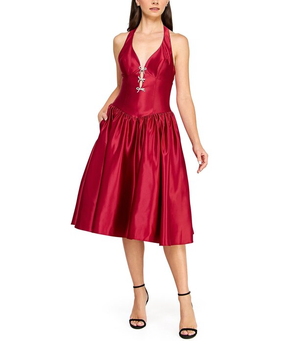 ビーダーリン レディース トップス 衣装 midi 繻子 ホルター B. Darlin Satin Halter Neck Faux Pearl Bow Trimidi Dress Cranberry パール ワンピース-レディースファッション