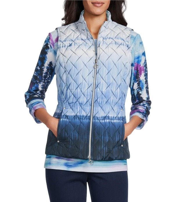 アリソン デイリー レディース アウター ベスト ノースリーブ Allison Daley Diamond Quilt Sleeveless Embellished Zip Up Vest Indigo Dress Blue Ombre インディゴ