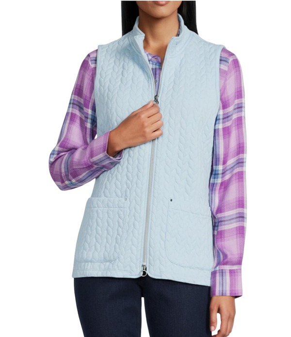 アリソン デイリー レディース アウター ベスト プチ ノースリーブ ニット Allison Daley Petite Cool Blue Sleeveless Two Way Zip Up Knit Quilt Vest Cool Blue ブルー