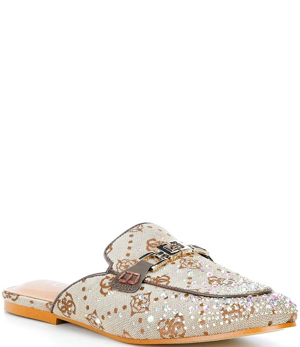 ゲス レディース シューズ パンプス プリント ロゴ Guess Bommiyaa Logo Print Rhinestone Hardware Mules Medium Brown ブラウン|ReVida 店
