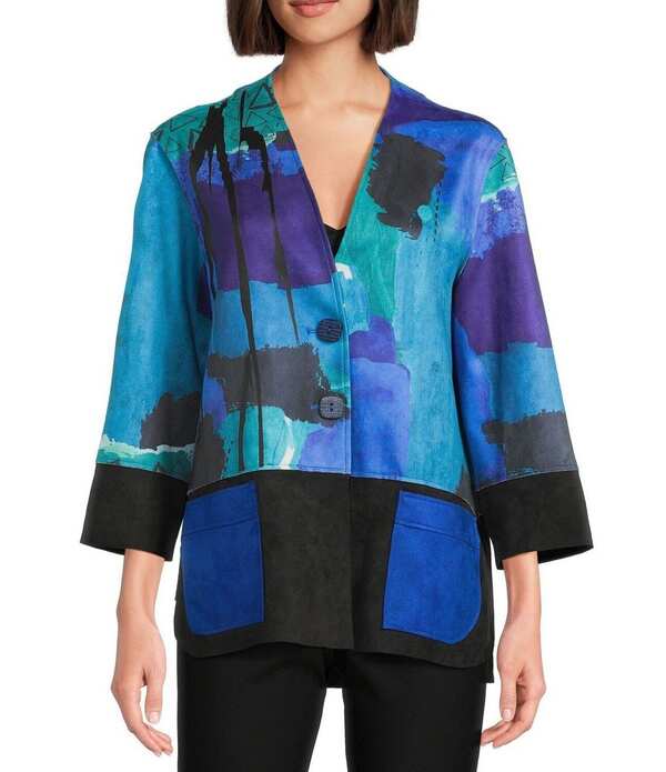 アリ マイルス レディース アウター コート プチ スエード ジャケット Ali Miles Petite Size Faux Suede Abstract Stand Collar Long Cuffed Sleeve Button Front Jacket Blue Multi ブルー